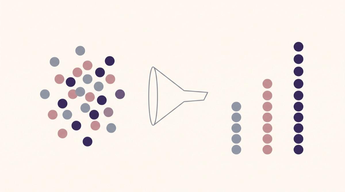 A loose scatter of coloured dots on the left passing through a funnel and emerging on the right as three tidy stacks, one taller than the others.