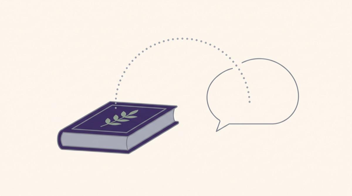 A closed book with a dotted arc rising from it and curving down into an empty thought bubble.