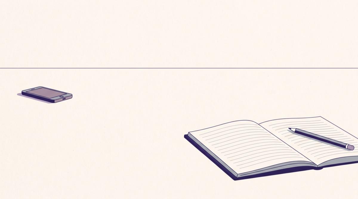 An illustration of a desk with an open notebook and pencil on one side and a phone lying face down far away on the other, with a wide empty stretch of desk between them.